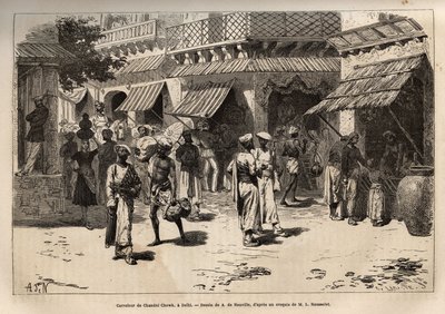 O cruzamento de Chandni chowk, a rua das tempestades de ouro, a principal arte das actividades comerciais e artesanais, que atravessa Dehli desde o grande portão do palácio até ao portão de Lahore, gravando após o desenho de A. de Neuville, ilustrando a vi de Alphonse Marie de Neuville
