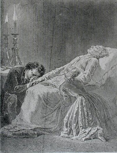 A morte de Jean Valjean, ilustração de Les Miserables por Victor Hugo (1802-85) de Alphonse Marie de after Neuville