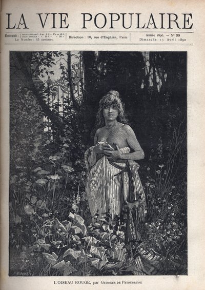 Uma jovem nua, de pé e decoiffee, cobrindo seu corpo com um cobertor, rodeada de vegetação e árvores que mascaram uma grade de ferro forjado. Ilustração de Alfons Maria Mucha (Alphonse Marie Mucha de Alphonse Mucha