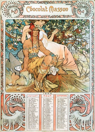 Página do calendário adulto do ano 1898 decoree de uma ilustração publicitária de Alphonse Mucha (1860-1939) para os chocolates Masson - “” A meia idade ”” Ilustração de publicidade de Alphonse Mucha para de Alphonse Mucha