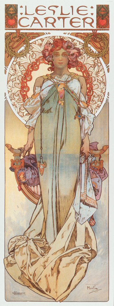 Ilustração de publicidade de Alphonse Mucha representando a atriz de teatro Leslie Carter em sua nova peça “” Kassa ”- 1908 Dim 78x209 cm Coleção particular de Alphonse Mucha