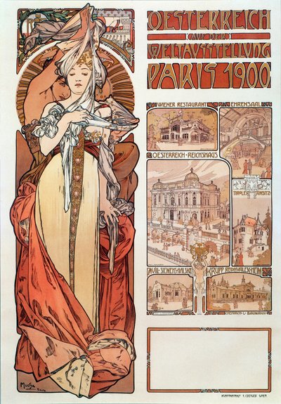 Cartaz publicitário de Alphonse Mucha (1860-1939) para a Áustria representado na Exposição Universal em Paris 1900 - Dim 68x98,5 cm Cartaz publicitário de Alphonse Mucha para “” Austria ”” no Exposit de Alphonse Mucha