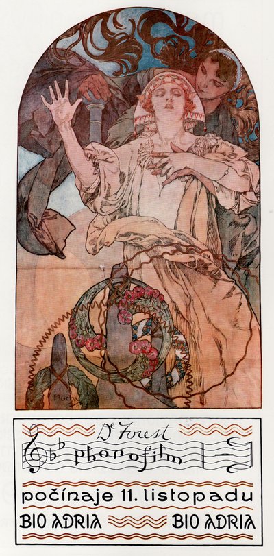 Fonofilme DeForest. Apresentação de um dos primeiros filmes sonoros musicais no Adria em Praga, 1927 de Alphonse Mucha