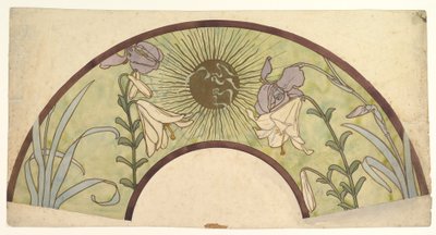 Design para um fã com sunburst, lírios e íris, final do século 19 - meados do século 20 de Alphonse Mucha