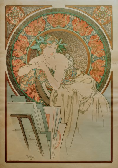 Mulher com papoilas e portfólio gráfico de Alphonse Mucha