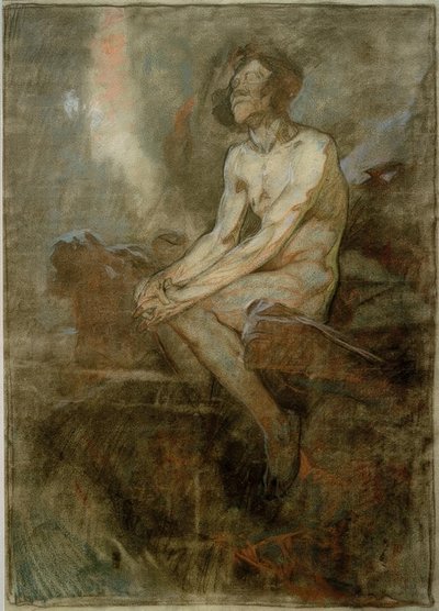 Homem nu sentado em cima de uma pedra de Alphonse Mucha