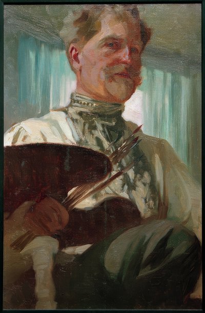 Auto-retrato com paleta de Alphonse Mucha