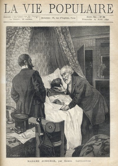 Dois homens debruçam-se sobre uma cama para ver a morte de um homem. À porta, outros homens estão a ver a cena do crime. Ilustração de Alfons Maria Mucha (Alphonse Marie Mucha de Alphonse Mucha