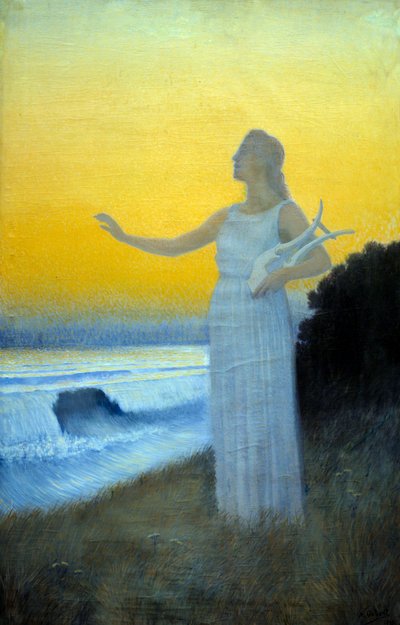 Hino ao Mar Jovem mulher segurando uma lira de frente para o mar. Personagem evocando a poetisa grega de Antiquite Sapho. Pintura de Alphonse Osbert (1857-1939) 1900 Coleção Particular de Alphonse Osbert