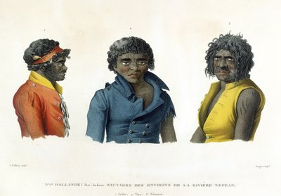 Port Jackson, New Holland: Os nativos da região do rio Nepean, de "Ao redor do mundo Corvetas viagens de Urania 1817-20" gravada por Forget, publicado em 1825 de Alphonse Pellion