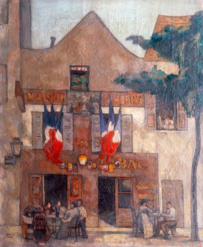 Vista da fachada do famoso restaurante parisiense em Montmartre, com bandeiras na janela e pessoas sentadas à mesa de Alphonse Quizet