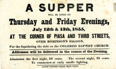 Circular publicitando um jantar em benefício da Igreja Batista Colorida, a ser realizado no Salão Robinson, [Alton, Illinois], 12-13 de julho de 1855 de Alton Courier