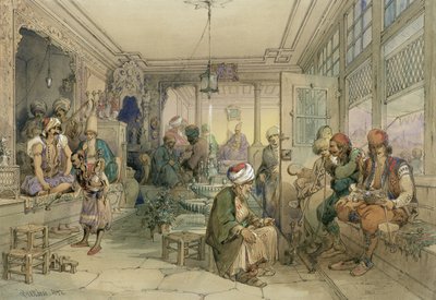 Uma cafeteria, Constantinopla, 1854 (caneta e tinta sobre papel) de Amadeo Preziosi