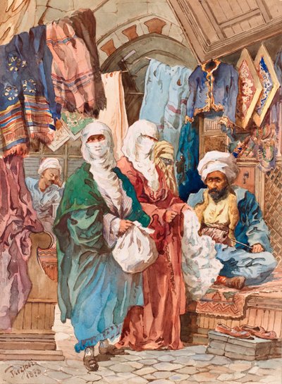 O Bazar da Seda - Por Amedeo Preziosi (1816-1882), Aguarela sobre papel (41x30 cm) - Museu Pera, Istambul de Amadeo Preziosi