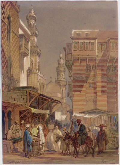 Dia de mercado no Mu "izz id-Din li-Lah, antigo Cairo, 1862 de Amadeo Preziosi