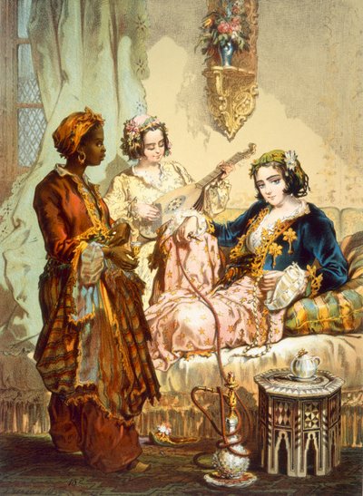 A chávena de café: Duas mulheres a tomar café e a fumar bolhas de ar, pub. 1865. de Amadeo Preziosi
