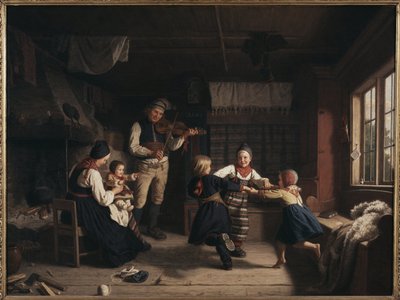 Dimanche soir dans une ferme de Dalecarlie - Noite de Domingo em uma Fazenda em Dalarna, por Lindegren, Amália (1814-1891). Óleo sobre tela de Amalia Lindegren
