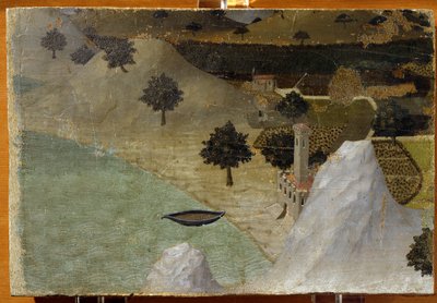 Um Castelo em pé junto a um lago - tempera no painel de Ambrogio Lorenzetti