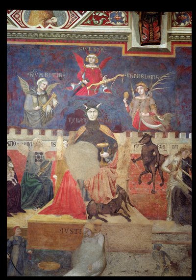 Alegoria do Mau Governo, detalhe da Avareza, Orgulho, Vaidade, Tirania, Fraude e Raiva, 1338-40 de Ambrogio Lorenzetti