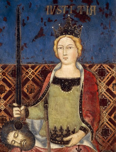 Alegoria de Bom Governo, Justiça, detalhe de Alegoria e Efeitos de Bom e Mau Governo na Cidade e no País de Ambrogio Lorenzetti