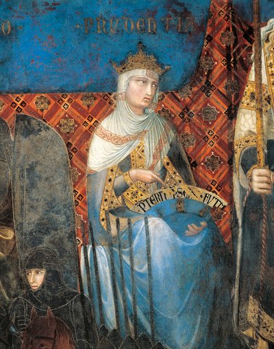 Alegoria de Bom Governo, prudência, detalhe da Alegoria e efeitos de bom e mau governo na cidade e no campo de Ambrogio Lorenzetti