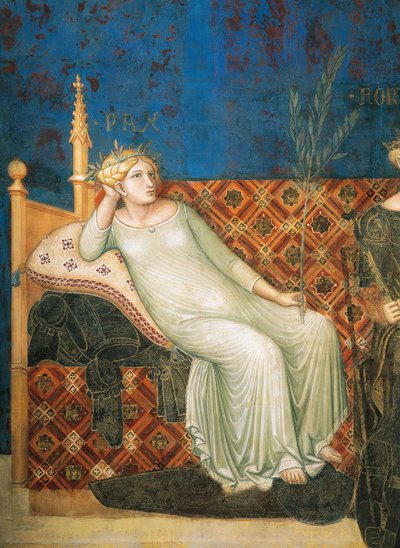 Alegoria de bom governo, paz, detalhe da Alegoria e efeitos de bom e mau governo na cidade e no campo de Ambrogio Lorenzetti