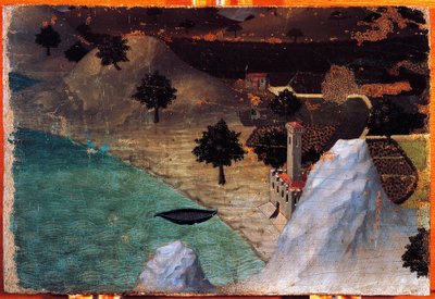 Castelo junto ao lago, de Ambrogio Lorenzetti (1319-1347), pintura sobre madeira, 22x33 cm. de Ambrogio Lorenzetti