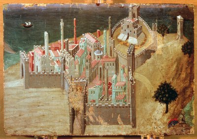 Cidade junto ao mar, de Ambrogio Lorenzetti (1285-1348), pintura sobre madeira, 22x33 cm. de Ambrogio Lorenzetti