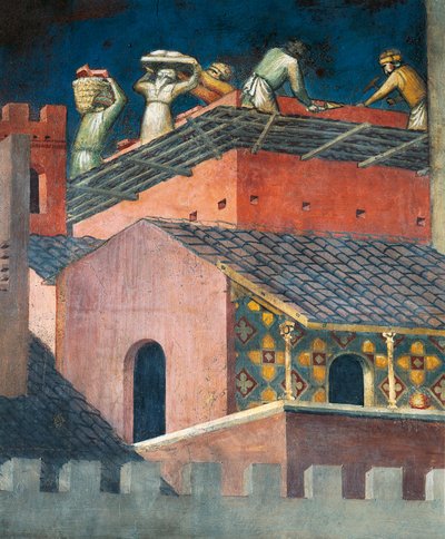 Efeitos do Bom Governo na cidade, pedreiros no trabalho, detalhes da Alegoria e efeitos do bom e mau governo na cidade e no campo de Ambrogio Lorenzetti
