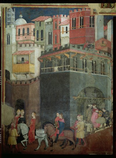 Efeitos do bom governo na cidade, detalhe da arquitetura e dos cidadãos, 1338-40 de Ambrogio Lorenzetti