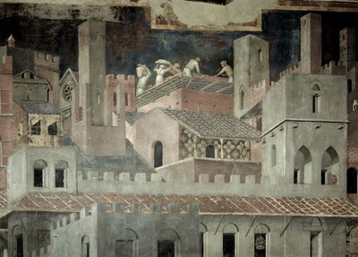 Efeitos do Bom Governo na Cidade, detalhe da arquitetura e construção de uma casa de Ambrogio Lorenzetti