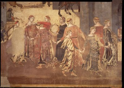 Efeitos do bom governo na cidade, detalhe de dançarinos e tocadores de pandeiro, 1338-40 de Ambrogio Lorenzetti