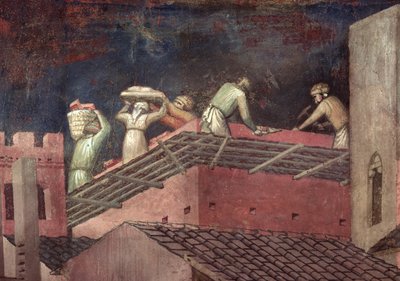 Efeitos do Bom Governo na Cidade, detalhe dos trabalhadores construindo uma casa de Ambrogio Lorenzetti