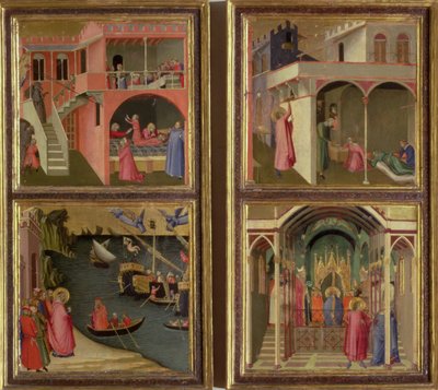 Quatro cenas da vida de São Nicolau: São Nicolau dá a três garotas seu dote; São Nicolau eleito bispo de Mira; Ressuscitando um menino estrangulado pelo diabo; Libertando Mira da fome de Ambrogio Lorenzetti