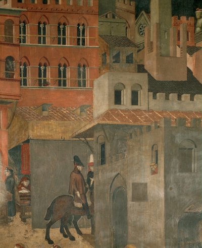 Casas e cavaleiros (pintura mural) de Ambrogio Lorenzetti