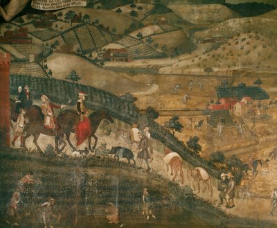 Paisagem com camponeses e um grupo de caça (fresco) de Ambrogio Lorenzetti