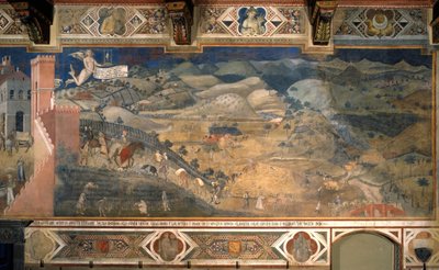 "Os efeitos do bom e mau governo na cidade e no campo". Detalhe dos efeitos do bom governo do país. Pintura de Ambrogio Lorenzetti (1290-1348) 1338 - 1340. Fresco. Salão dos Nove, ou Salão da Paz, Palazzo Publico em Si de Ambrogio Lorenzetti