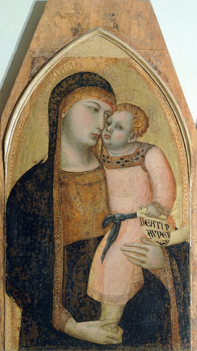 Madonna e Criança, detalhe de Tríptico representando Madonna e Criança com Maria Madalena e Santa Doroteia por Ambrogio Lorenzetti (1290-ca 1348), óleo sobre madeira de Ambrogio Lorenzetti