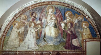 Maesta - A Virgem e o Menino, rodeados de santos e Arcanjo Miguel (Fresco de Ambrogio Lorenzetti