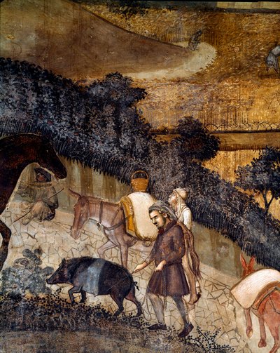 Camponeses a lavrar os campos. Detalhe dos efeitos do bom e mau governo sobre a cidade e o campo. (Fresco de Ambrogio Lorenzetti