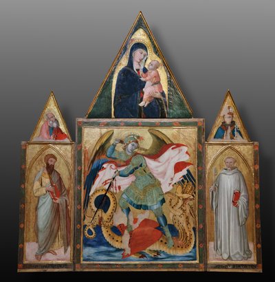 São Miguel Arcanjo matando o dragão entre os santos Bento e Bartolomeu (têmpera sobre painel) de Ambrogio Lorenzetti