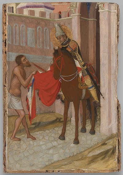 São Martinho de Tours divide seu casaco com um mendigo. Por volta de 1340 de Ambrogio Lorenzetti