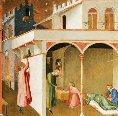São Nicolau oferecendo a três pobres meninas seu dote, detalhe de milagres de São Nicolau de Bari de Ambrogio Lorenzetti (1290-circa 1348), tempera sobre madeira de Ambrogio Lorenzetti