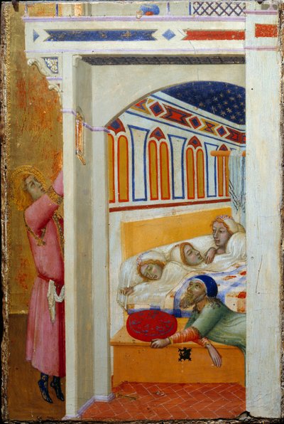 A Caridade de São Nicolau de Bari (ou São Nicolau de Myra, 270-345). Aprendendo que um pai não pode dar um dote matrimonial às suas três filhas pequenas, Nicolau atira dinheiro pela janela durante a noite. Pintura de Ambrogio Lorenzetti (v 1290 - 1 de Ambrogio Lorenzetti