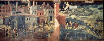 Os efeitos do bom e mau governo sobre a cidade e o campo. Os detalhes da cidade. Fresco por Ambrogio Lorenzetti (1290-1348) de Ambrogio Lorenzetti