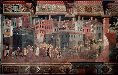 "Os efeitos de um bom e mau governo na cidade e no campo." Pormenores da cidade. Fresco por Ambrogio Lorenzetti (1290-1348) de Ambrogio Lorenzetti