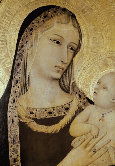 Virgem e Criança, detalhe. Tríptico de São Procurador (Tempera em madeira de Ambrogio Lorenzetti