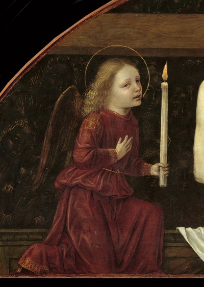 Cristo em Piete rodeado por dois anjos Detalhe representando um anjo segurando uma vela de Ambrogio da Fossano (c.1460 1523)