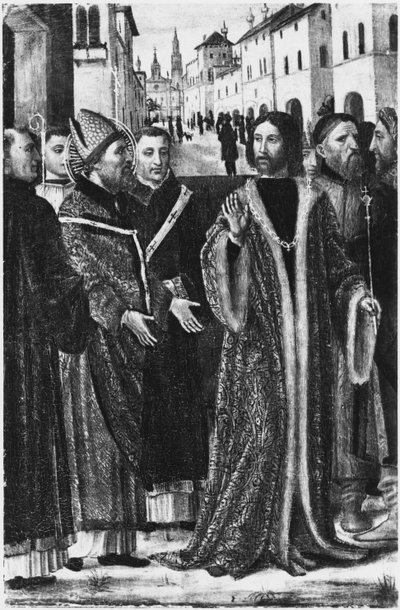 Santo Ambrósio recusa ao imperador romano Teodósio I a grande admissão na Igreja de Milão (fresco) (foto a p/b) de Ambrogio da Fossano (c.1460 1523)