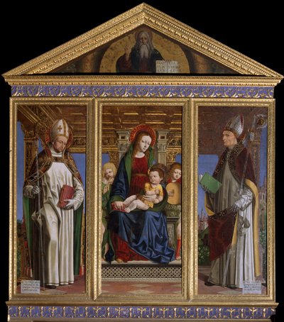 Virgem e Criança com os Santos São Hugh de Avalon (ou Hugh de Lincoln) (1140-1200) e São Hugh de Grenoble (ou Hugh de Chateauneuf) (1053-1132) Pintura de Ambrogio da Fossano dit il Bergognone (1481-1522) Cathedrale Saint Just, Susa, Turim de Ambrogio da Fossano (c.1460 1523)